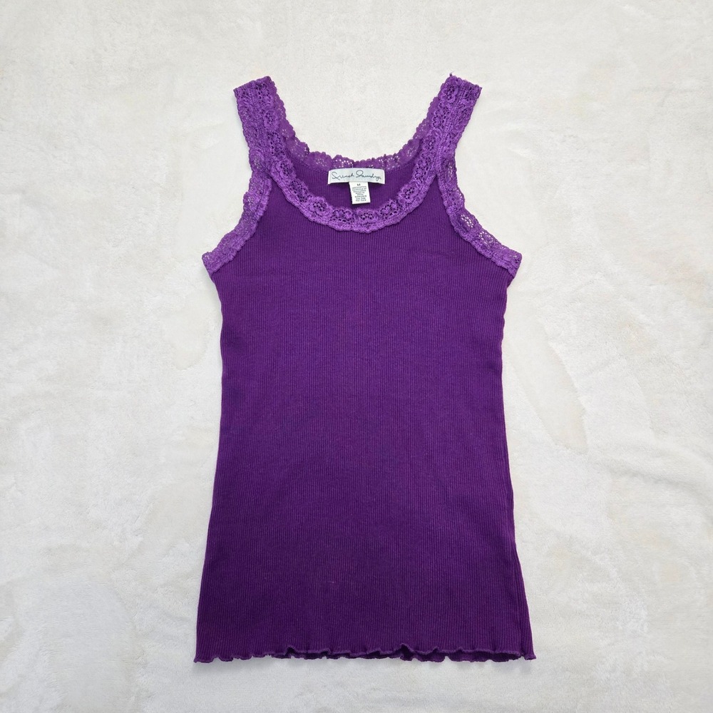 French Laundry Purple Ribbed Lace Trim Tank Top Y2K Layering Lettuce Hem Medium